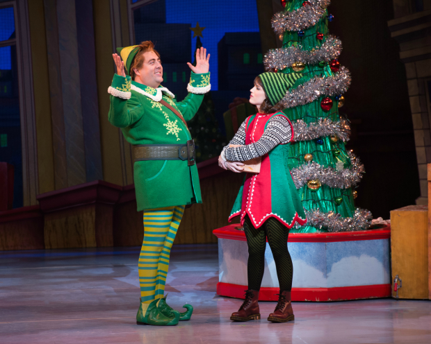 Eric Petersen as Buddy the Elf and Veronica J. Kuehn as Jovie in Elf the Musical at the Theater at Madison Square Garden.