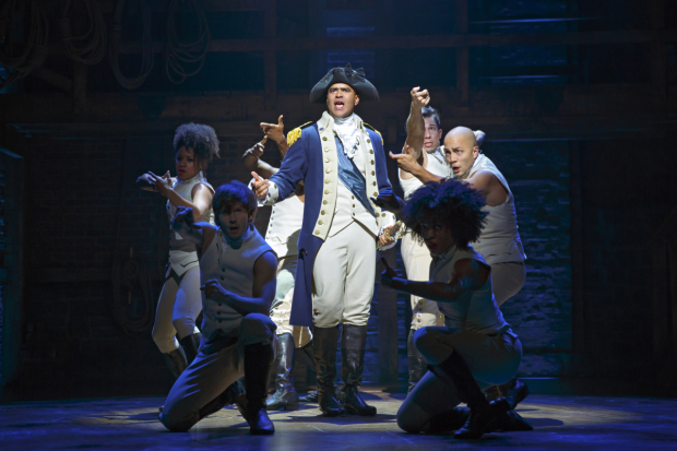 Christopher Jackson plays George Washington in Lin-Manuel Miranda&#39;s Hamilton, directed by Thomas Kail, at Broadway&#39;s Richard Rodgers Theatre.