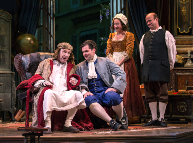 Paxton Whitehead (Geronte), Nate Burger (Eraste), Jessie Fisher (Lisette), and Cliff Saunders (Crispin) in Chicago Shakespeare Theater&#39;s production of David Ives&#39; The Heir Apparent, directed by John Rando, at CST's Courtyard Theater.
