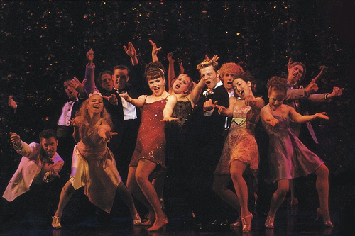 Jennifer Laura Thompson and Jeremy Kushnier (center) in the original Broadway production of Footloose at the Richard Rodgers Theatre.