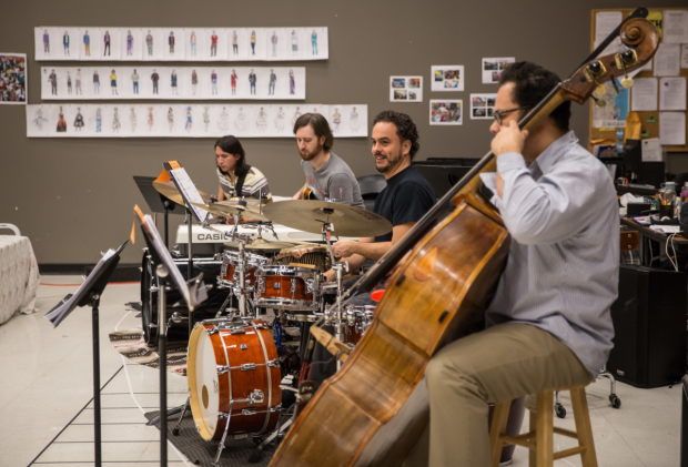 Musicians Diego Salcedo, Mike Przygoda, Javier Saume and Ruben Gonzalez in the rehearsal room.