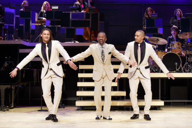 Maurice Hines (center) flanked by Leo and John Manzari in Maurice Hines Tappin&#39; Thru Life, directed by Jeff Calhoun, at New World Stages.