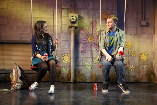 Sarah Stiles and Steven Boyer in a scene from Hand to God, appreciating their show&#39;s &quot;swings.&quot;