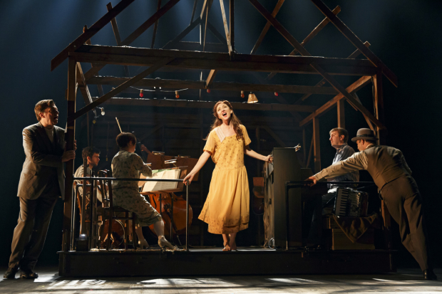 Carmen Cusack (center) stars as Alice in Steve Martin and Edie Brickell&#39;s Bright Star, directed by Walter Bobbie, at the Cort Theatre.