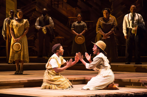 Cynthia Erivo and Joaquina Kalukango in The Color Purple, directed by John Doyle, at the Bernard B. Jacobs Theatre.