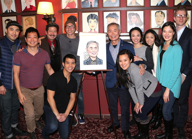 Cast members from Allegiance join George Takei and his new portrait for a family photo.