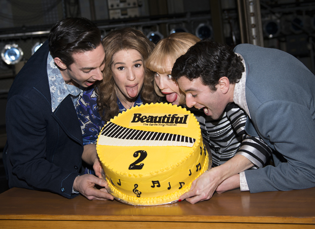 The stars of Beautiful — The Carole King Musical toast their show&#39;s second anniversary with a tasty treat.