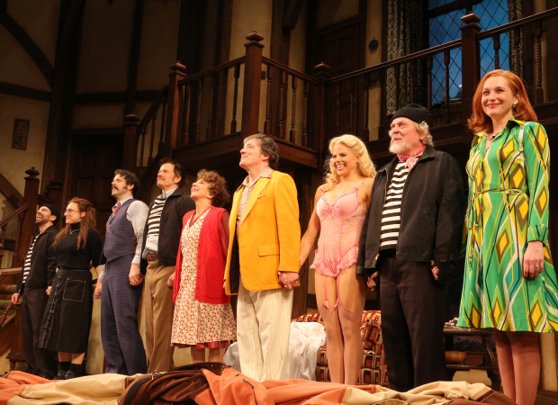 The stars of Noises Off take their opening-night bow on stage at the American Airlines Theatre.
