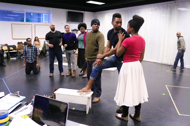 Ian Anthony Coleman (Fourth), Jefferson A. Russell (as Leader of Slaves), Jon Hudson Odom (as Second), Stori Ayers (as Third), Craig Wallace (as The Oldest Old Man), JaBen Early (as Hero), and Valeka J. Holt (Penny) rehears a scene from Round House Theatre&#39;s production of Father Comes Home From the Wars.