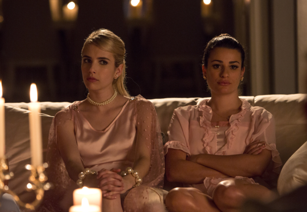 Emma Roberts and Lea Michele in a scene from Ryan Murphy&#39;s television series Scream Queens.