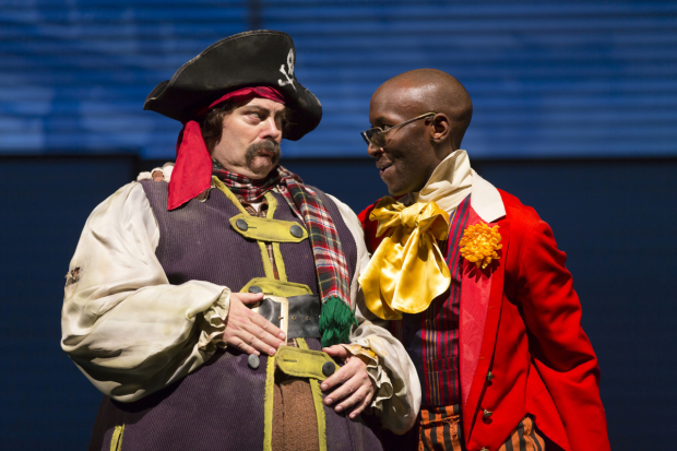 Nick Offerman as Ignatius J. Reilly and Phillip James Brannon as Burma Jones in A Confederacy of Dunces at the Huntington Theatre Company.