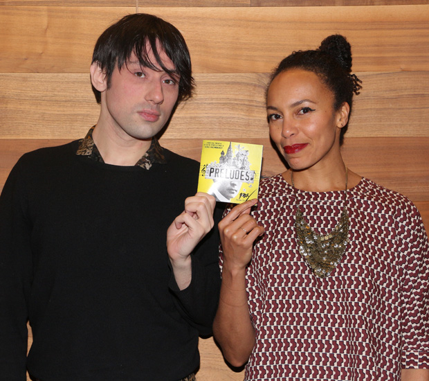 Preludes cast members Joseph Keckler and Eisa Davis proudly hold up their CD booklet.