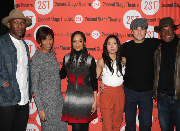 The team behind Smart People: cast member Mahershala Ali, playwright Lydia R. Diamond, cast members Tessa Thompson, Annie Son, and Joshua Jackson, and director Kenny Leon.