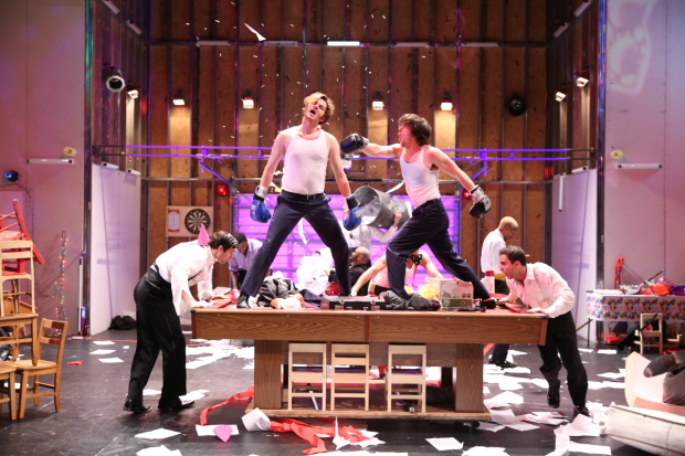 Max Monnig, Ryan Bourque, Collin Morris, and Aaron Lynn participate in a giant fight sequence in Charles Mee&#39;s The Glory of the World, directed by Les Waters, at BAM&#39;s Harvey Theater.