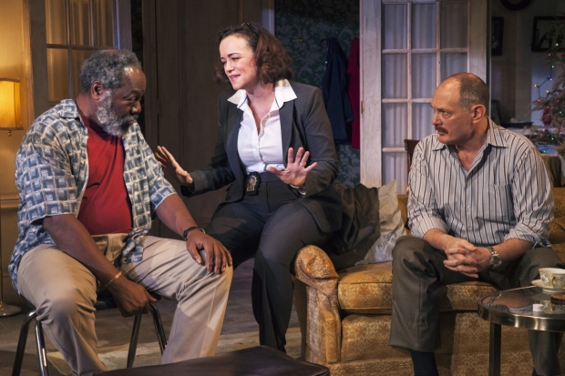 Frankie R. Faison, Emily K. Townley, and David Bishins in Between Riverside and Crazy, directed by Brian MacDevitt, at Studio Theatre.