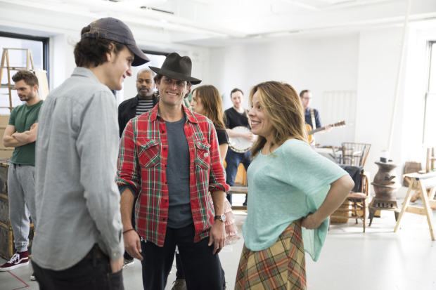 Alex Timbers gives direction to Steven Pasquale and Leslie Kritzer in rehearsal for The Robber Bridegroom.