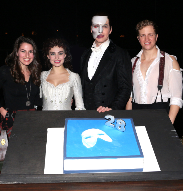 Rachel Zatcoff, Julia Udine, James Barbour, and Jeremy Hayes celebrate the 28th birthday of Broadway&#39;s The Phantom of the Opera.