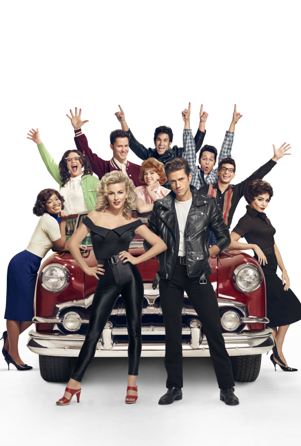 Julianne Hough and Aaron Tveit (center) star in Fox&#39;s Grease Live tonight at 7pm.