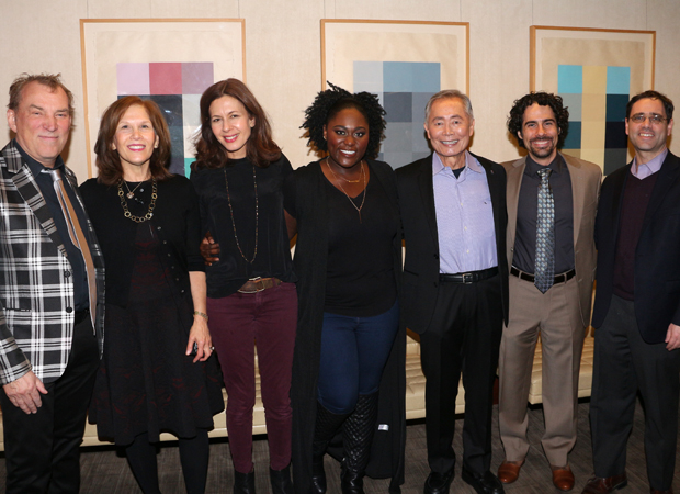 The panelists: director Des McAnuff, producer Ruth Hendel, actors Jessica Hecht, Danielle Brooks, and George Takei, musical director Alex Lacamoire, and Long Wharf Theatre Managing Director Joshua Borenstein.