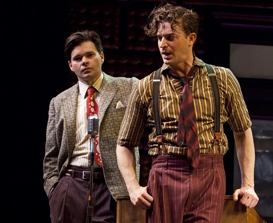 Hunter Foster (left) as Sam Phillips and Levi Kreis as Jerry Lee Lewis in the 2010 Broadway premiere of &#39;&#39;Million Dollar Quartet, directed by Eric Schaeffer, at the Nederlander Theatre.