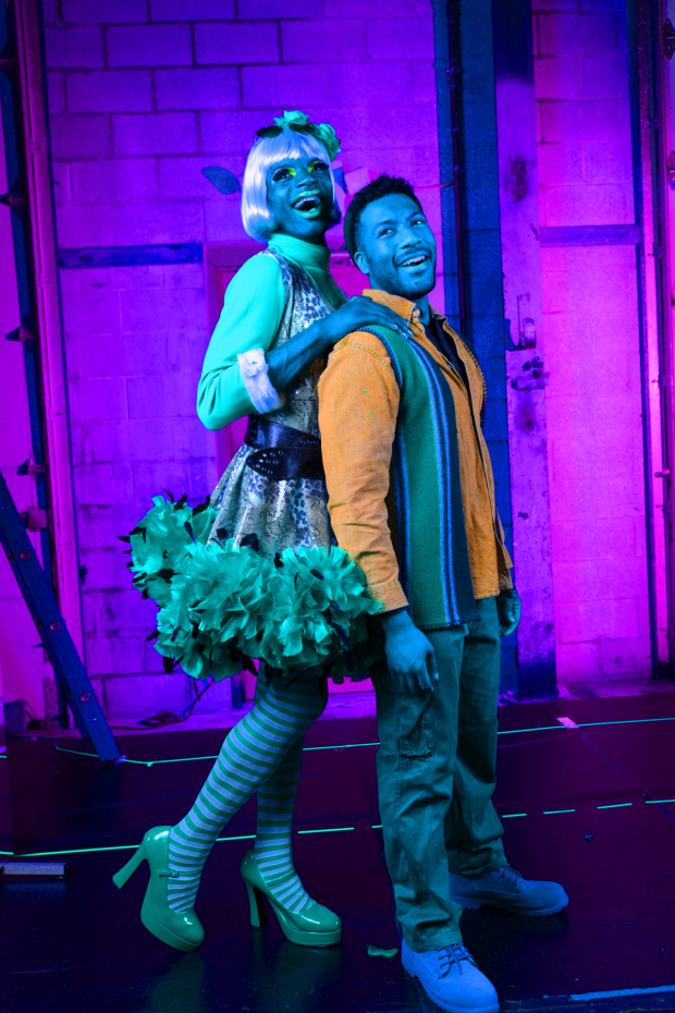 Jay Kelley as Angel and John Devereaux as Tom Collins in Fiddlehead&#39;s production of Rent, directed by Stacey Stephens, at the Back Bay Events Center.