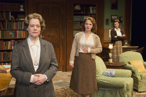 Kellie Overbey, Emily Walton, and Mary Bacon in a scene from Women Without Men at New York City Center &mdash; Stage II.