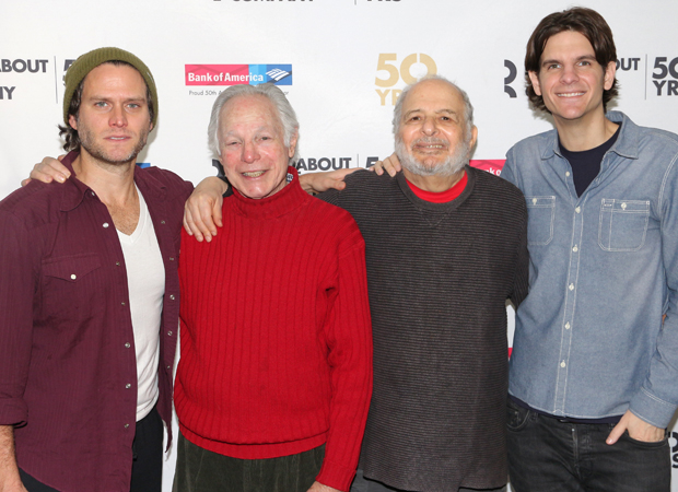 Steven Pasquale and Alex Timbers flank The Robber Bridegroom authors Robert Waldman and Alfred Uhry.