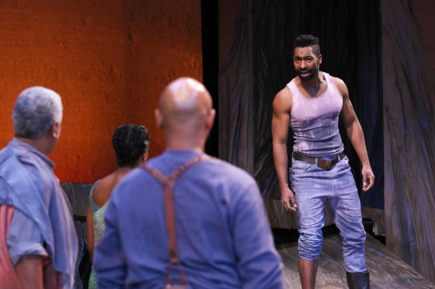 JaBen Early (as Hero), with Craig Wallace, Valeka J. Holt, and KenYatta Rogers in Round House Theatre's production of Father Comes Home From The Wars (Parts 1, 2 &amp; 3) by Suzan-Lori Parks.
