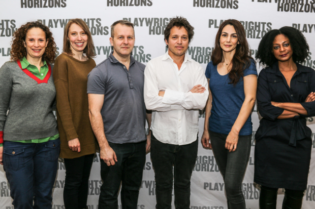 Maria Striar, Crystal Finn, Nat DeWolf, Rob Campbell, Annie Parisse, and April Matthis star in Antlia Pneumatica at Playwrights Horizons.