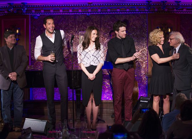 Michael McGrath, Zachary Levi, Laura Benanti, Gavin Creel, and Jane Krakowski welcome Sheldon Harnick to the stage at a preview of Roundabout Theatre Company&#39;s 2016 revival of She Loves Me.