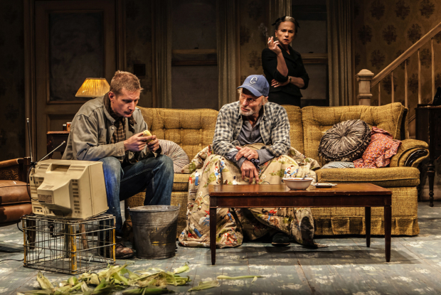 Paul Sparks plays Tilden, Ed Harris plays Dodge, and Amy Madigan plays Halie in Buried Child.