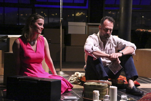 Betty Gilpin and Carlos Leal star in Bess Wohl&#39;s Barcelona, directed by Trip Cullman, at the Geffen Playhouse.