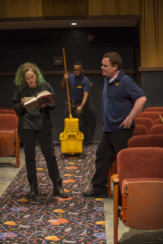 Caroline Neff, Travis Turner, and Danny McCarthy star in Annie Baker&#39;s The Flick, directed by Dexter Buillard, at Steppenwolf Theatre Company.
