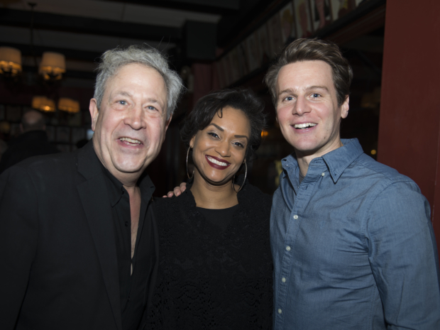Album producer Jeffrey Lesser (left) enjoys the evening with two of the show&#39;s cast members Rema Webb and Jonathan Groff.