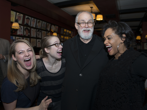 Jenni Barber, Alyse Alan Louis, and Rema Webb laugh with A New Brain composer William Finn.