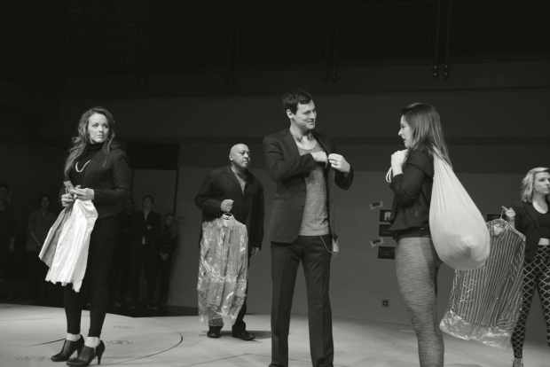 A scene from rehearsal of Broadway&#39;s American Psycho, starring Benjamin Walker and Alice Ripley.