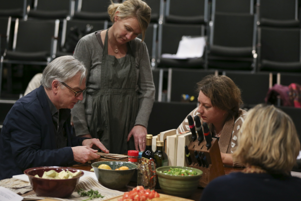Playwright and director Richard Nelson confers with cast members Lynn Hawley and Amy Warren in rehearsal for Hungry, play one in The Gabriels: Election Year in the Life of One Family.