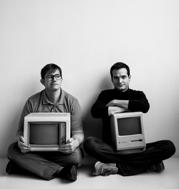 Rory O&#39;Malley as Bill Gates and Bryan Fenkart as Steve Jobs in a promotional image for the new Broadway musical Nerds.