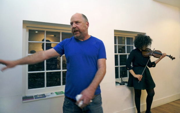 Tim Etchells and Aisha Orazbayeva in Etchells&#39; 2015 theatrical project Seeping Through.