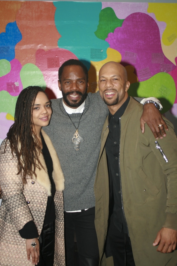 Colman Domingo greets guests Tessa Thompson and Common at the afterparty.