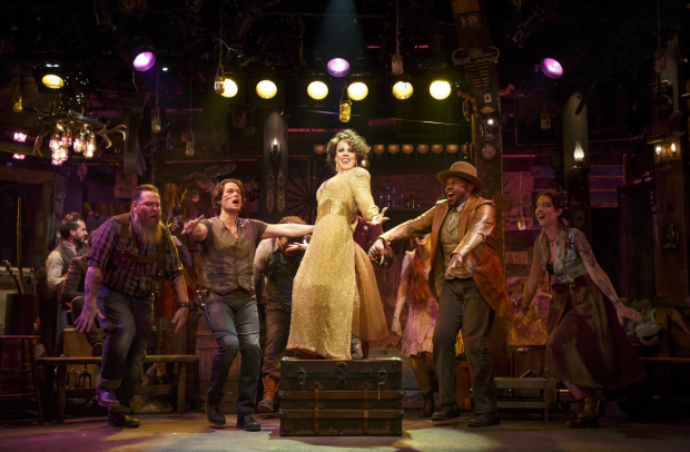 A rollicking moment from Alex Timbers&#39; production of The Robber Bridegroom, featuring Leslie Kritzer (center).