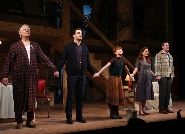 Tom Bloom, Zachary Quinto, Taylor Richardson, Robin Tunney, and Brian Hutchison take their bow on the opening night of Smokefall at the Lucille Lortel Theatre.