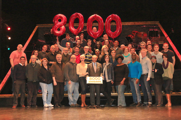 The cast and crew of Chicago celebrates 8000 performances on Broadway.