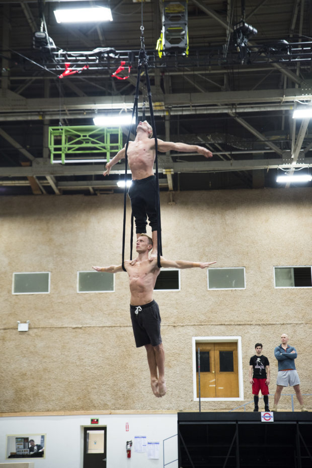 Andrew and Kevin Atherton rehearse an acrobatic routine.