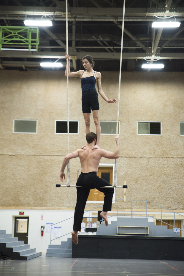 Myriam Deraiche and Sam Charlton work on the trapeze.