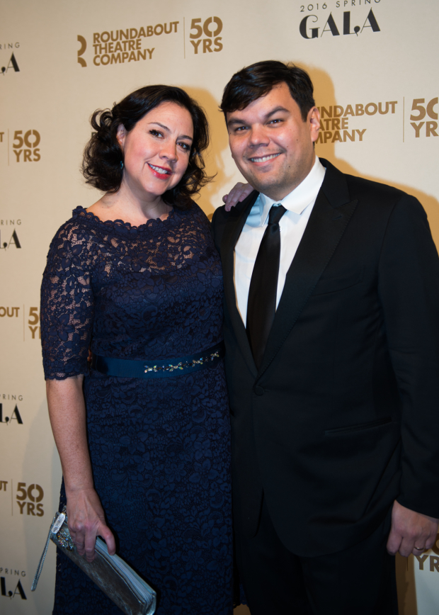 Frozen scribes Kristin Anderson-Lopez and Robert Lopez arrive for Roundabout&#39;s annual gala.