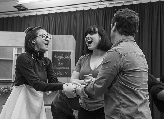 Kimiko Glenn, Molly Hager, and Christopher Fitzgerald rehearse a moment from Waitress.