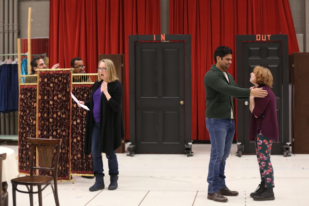 Marc Grapey (Malachi Stack), Allen Gilmore (Horace Vandergelder), Kristine Nielsen (Dolly Levi), Ronobir Lahiri (Ambrose), and Theo Allyn (Ermengarde)  rehearse Thornton Wilder&#39;s The Matchmaker, directed by Henry Wishcamper 