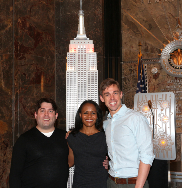 The Book of Mormon stars Christopher John O&#39;Neill, Nikki Renée Daniels, and Nic Rouleau light the Empire State Building to honor the show&#39;s fifth anniversary on Broadway.
