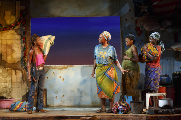 Wife #2 (Zainab Jah) confronts Wife #1 (Saycon Sengbloh) as Wife #3 (Pascale Armand) and Wife #4 (Lupita Nyong&#39;o) look on in Eclipsed.